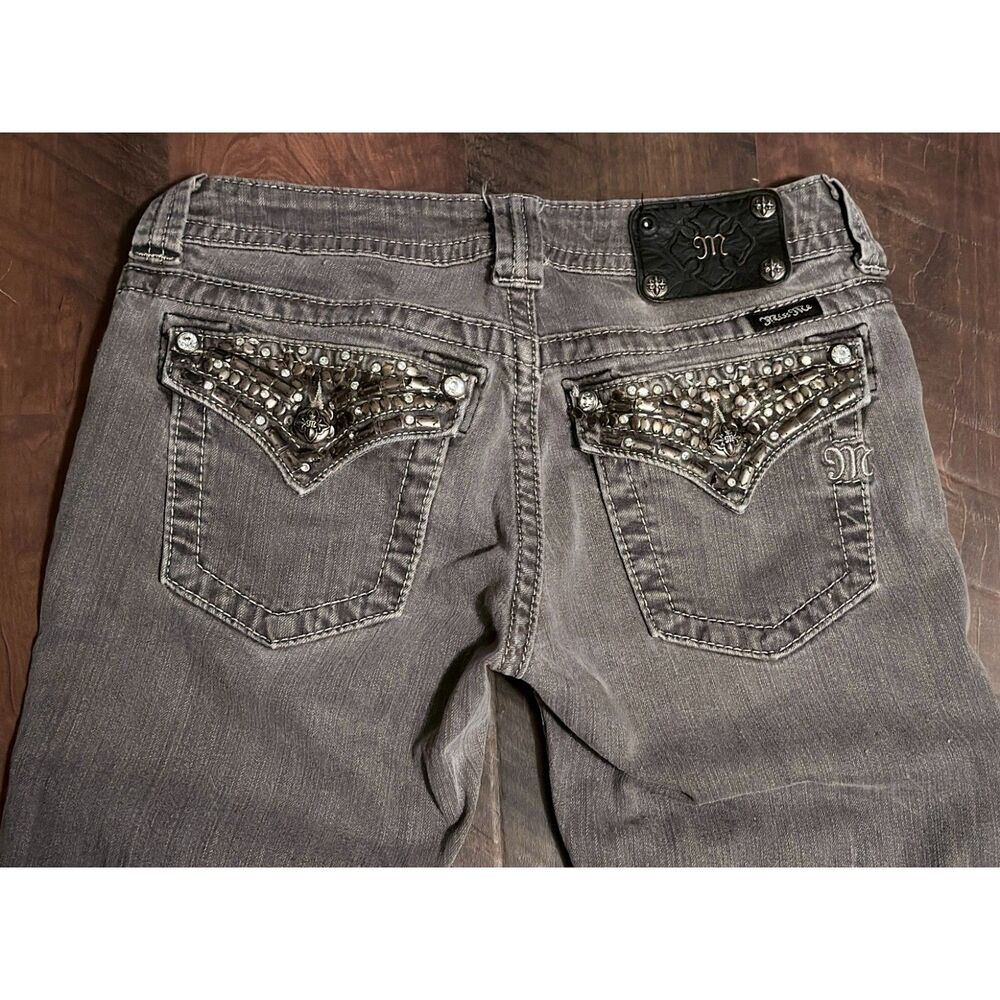 Miss Me Gray Skinny Jeans Size 28 Rhinestone Studded Flap Pockets Y2K Denim
